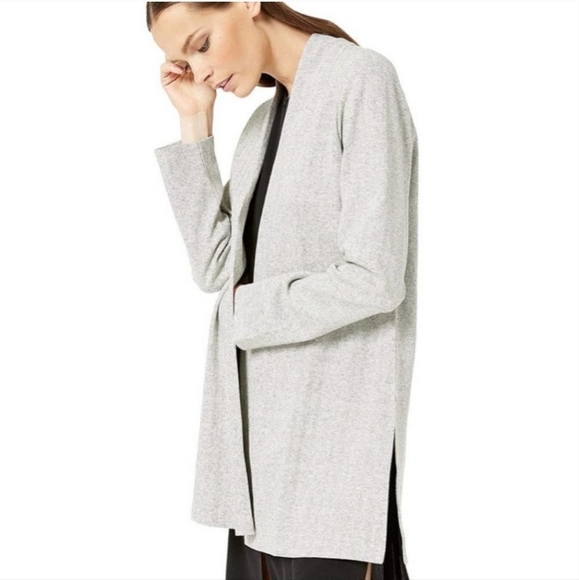 Eileen Fisher Herringbone Organic Cotton Longline Open Front Jacket Cardigan L - Picture 4 of 13